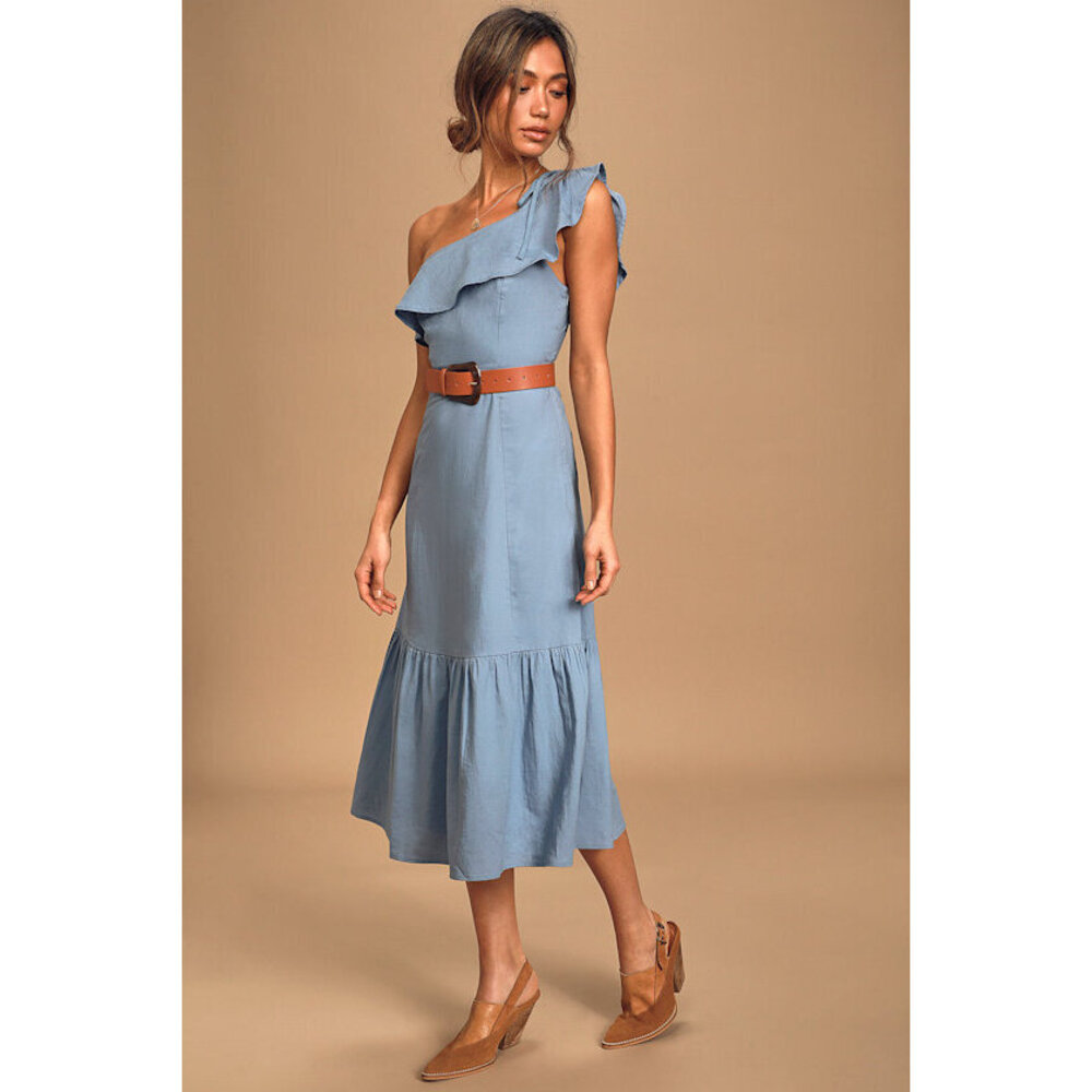 Lulus Sun-kissed Memories Slate Blue One-shoulder Ruffled Midi Dress - Size S